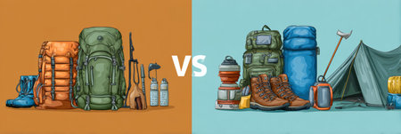 This infographic showcases various hiking and camping gear side by side, helping outdoor lovers make informed choices for their adventures.の素材