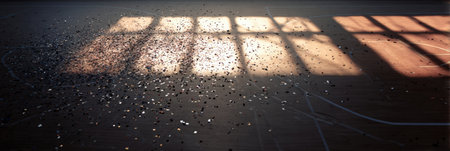Confetti rests on the floor of an empty sports court, where sunlight casts dramatic shadows, reflecting a moment after an exciting event or celebration.の素材