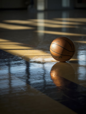Spotlight highlights a basketball resting on a shiny court, surrounded by soft shadows in a serene indoor setting during the day.の素材