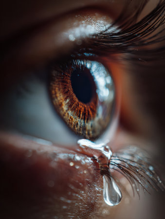 Close-up shot captures a tear droplet on an eye showing intricate details with dramatic, cinematic lighting enhancing the emotional impact.の素材