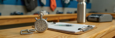 A whistle, stopwatch, and clipboard sit on a bench in the locker room, with uniforms nearby, setting a focused atmosphere for practice.の素材