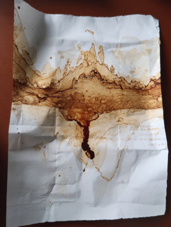 A folded printout of a bracket rests on a wooden table, marked by distinct coffee stains, revealing a clean lower area untouched by spills.の素材