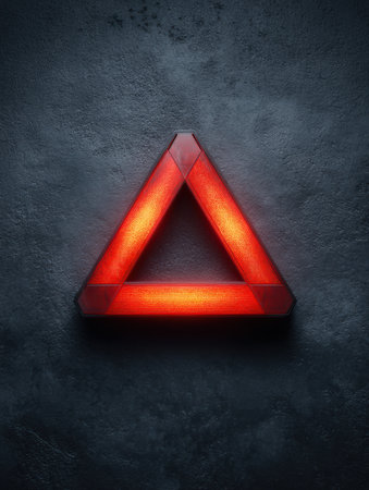 A bright red triangular warning symbol illuminates against a textured dark surface, alerting viewers to a potential hazard or caution that requires attention.の素材
