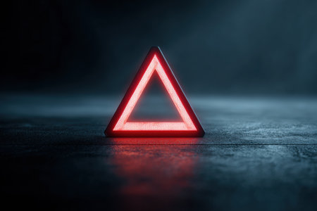 A bright red warning triangle emits a flashing light on a sleek dark matte surface, indicating caution in a dimly lit area with limited visibility.の素材