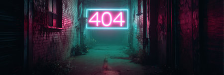 A neon 404 sign flickers in a dimly lit alley, casting a soft glow in the darkness and highlighting the surrounding graffiti and shadows.の素材