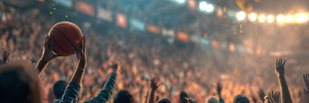 Fans raise their hands eagerly, filled with excitement as a player gets ready to make a shot in a vibrant basketball game atmosphere.の素材