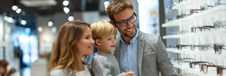 Parents and their child are happily selecting eyeglass frames at an optician, focusing on their choices while the background is softly blurred.の素材
