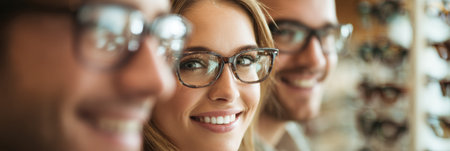 A family enjoys choosing eyeglass frames at an opticians shop, engaged in discussion and highlighting individual tastes while surrounded by various options.の素材