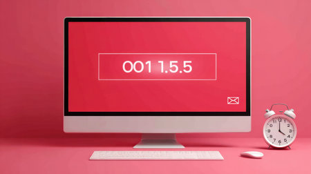 A blinking timer labeled with a sequence appears on a computer screen alongside an alarm clock, creating a tense atmosphere of urgency and potential threat.の素材