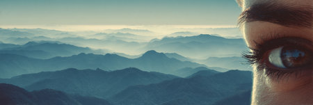 Focused eyes direct attention to the majestic mountains ahead, highlighting a clear atmosphere that inspires contemplation and appreciation for natures beauty.の素材