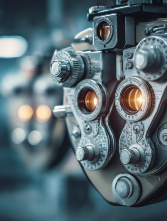 Close view of a phoropter used in eye examinations, highlighting its intricate design and glowing components in a professional blurred environment.の素材