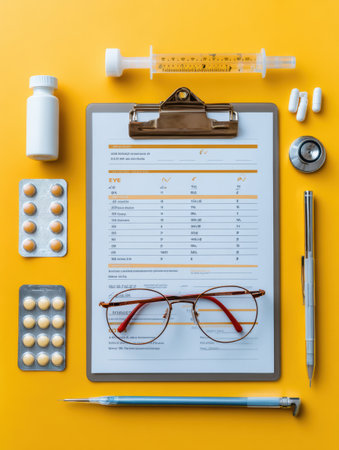 An eye care flyer rests on a clipboard alongside medical instruments, showcasing a well-arranged setup for eye examination and patient care.の素材