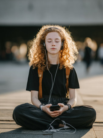 A teen sits cross-legged, meditating quietly in a bustling outdoor area, with headphones on, focusing on mindfulness while a device remains muted beside them.の素材