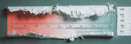 A layered poster features ripped corners, showing bracket statistics with a clear top margin, likely located in a study or work area during morning hours.の素材