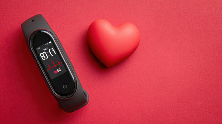 Smartwatch shows pulse rate and heart activity beside a red heart, illustrating the importance of fitness and health tracking for active lifestyles.の素材