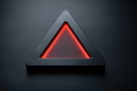 A bright red warning triangle glows against a dark matte device surface, signaling caution and alertness in a low-light setting, emphasizing safety.の素材