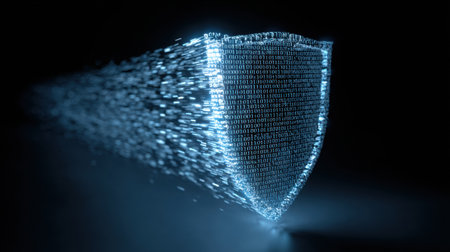 A digital shield made of glowing binary code appears next to a login field, emphasizing cybersecurity and data protection in a modern context.の素材