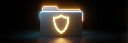 A glowing folder icon appears in a dark digital landscape, featuring a shield symbol that represents security and encryption in cyberspace.の素材