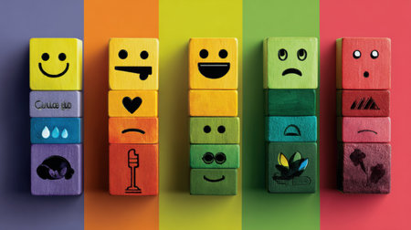 Layered blocks display various emotions and components of emotional intelligence, promoting understanding and awareness of EQ in personal and social contexts.の素材