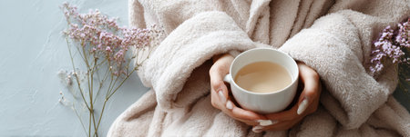Cozy hands cradle a soothing drink while nestled in a soft robe, surrounded by delicate flowers, embodying a nurturing self-care routine for women.の素材