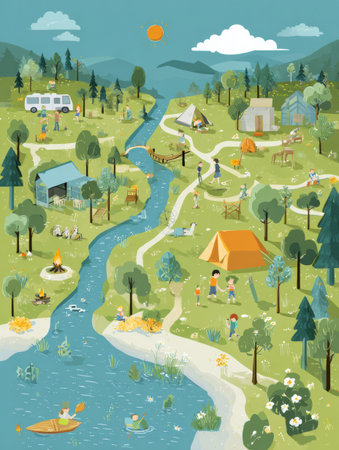 Discover a variety of family-friendly outdoor activities like camping, hiking, fishing, and picnicking in a beautiful nature setting with plenty to enjoy.の素材