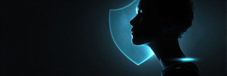 A teens icon features a glowing orb with a cyber shield, symbolizing digital security and personal empowerment against a dark backdrop.の素材