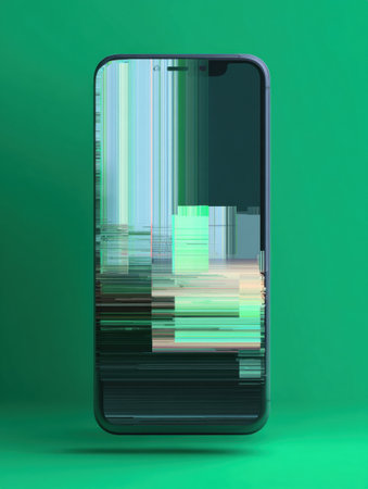 Mobile device shows a fragmented error page with a faded left side against a vibrant green backdrop, indicating a display issue or software malfunction.の素材