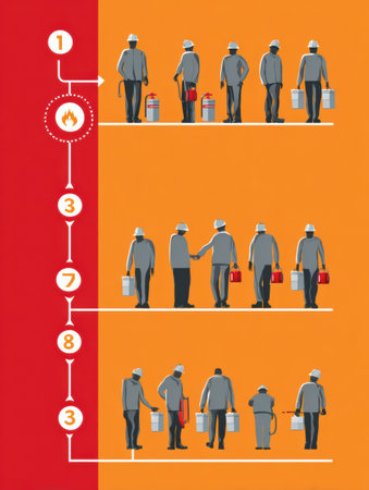 Step-by-step guide outlining fire drill procedures including roles and responsibilities for ensuring safety during emergencies and evacuations.の素材