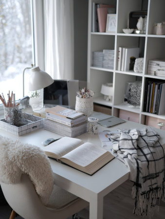 This workspace features a clean desk with books, stationery, and a comfortable chair, designed to promote concentration and effective study habits.の素材