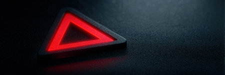 A bright red warning triangle illuminates a dark matte device surface, highlighting its significance in alerting users to potential dangers.の素材
