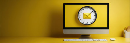 A blinking timer signals an email bomb originating from the computer monitor in a bright yellow tech workspace, emphasizing a sense of urgency.の素材