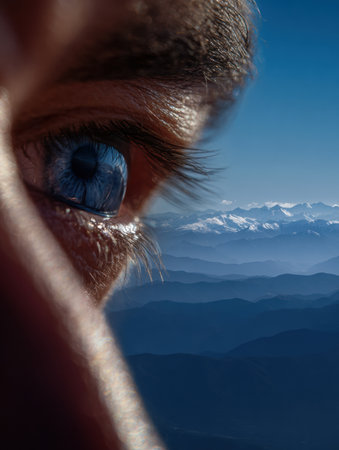 Focused gaze captures the beauty of distant mountains, conveying themes of clarity and determination amidst a clear blue sky and expansive range.の素材