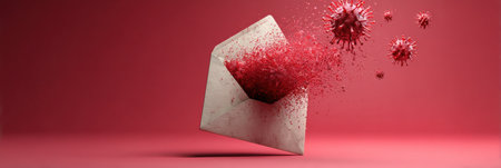 A gift box resembling a phishing bait opens up, releasing a cloud of virus particles in a visually striking composition against a red background.の素材