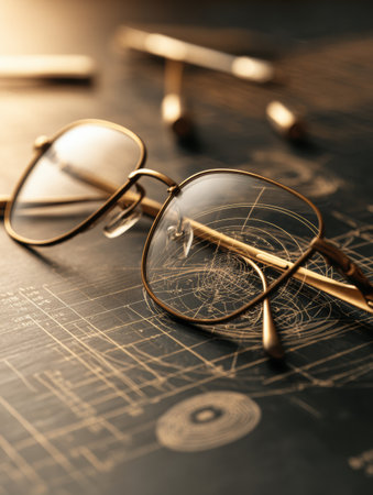 Glasses and optometry tools are arranged on a soft-lit surface featuring eye diagrams, showing a modern approach to eyecare in a minimalist setting.の素材