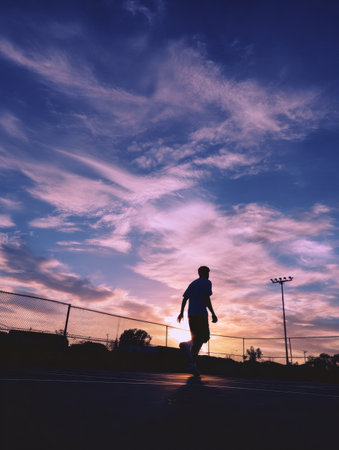 A player is warming up on a court at sunset, creating a striking silhouette against the vibrant colors of the sky, showing the tranquil evening atmosphere.の素材