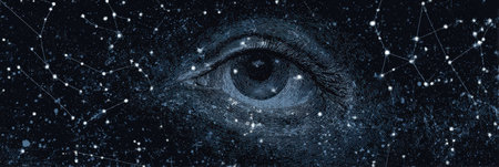 An eye-shaped constellation shines in the night sky, featuring a symbolic design with a captivating right zone open to interpretation.の素材