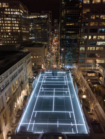 A floating court illuminated by glowing outlines offers a unique recreational space above a vibrant city skyline, showcasing urban nightlife and activity.の素材