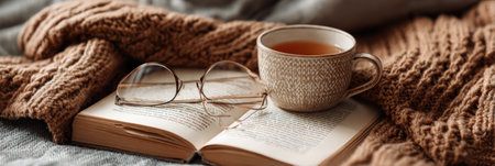 A pair of eyeglasses sits on an open book next to a cozy cup of tea, enveloped in warm autumn light and a knitted blanket on a soft surface.の素材