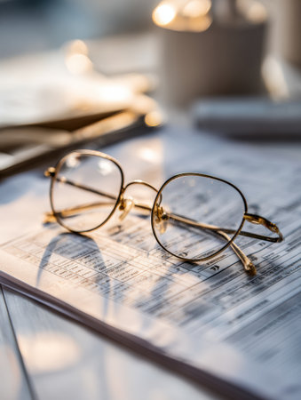 Soft desk light illuminates eyeglasses on a vision report paper, highlighting the details of an organized, clean workspace designed for focused activities.の素材