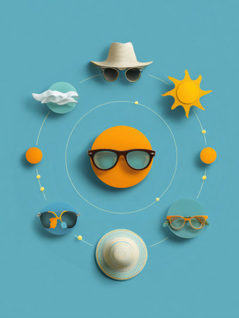 This infographic shows UV eye protection tips with creative sunglasses and hat icons around a sun for outdoor safety.の素材