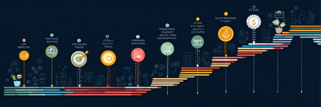 The infographic illustrates a staircase-style roadmap to financial freedom, highlighting essential goals related to saving and investing for success.の素材