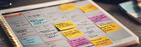 Emotional health calendar displays various positive notes and reminders highlighted throughout the layout, designed for mental wellness and self-reflection.の素材