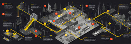 Detailed fire escape map guide highlighting critical evacuation routes, room information, and emergency exits for safe relocation during emergenciesの素材
