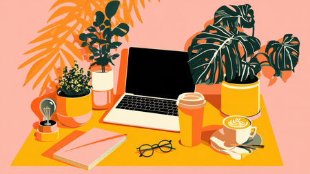 Discover essential elements for a productive work from home space with a stylish laptop, cozy plants, a warm drink, and vibrant decor enhancing the atmosphere.の素材