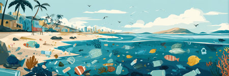 Highlighting crucial facts about plastic pollution, the visual emphasizes its harmful effects on ocean ecosystems and marine species along a busy coastal area.の素材