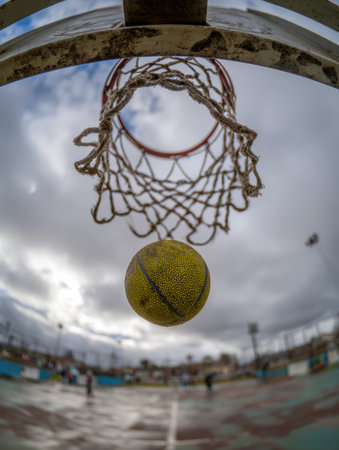 A close-up fisheye view captures a vibrant basketball falling towards the hoop under an overcast sky, with players visible in the background.の素材