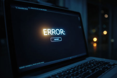 A laptop screen shows a flickering error message, indicating a login issue in a dimly lit environment during nighttime hours.の素材