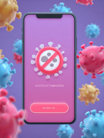 A fake app store download interface shows a virus warning surrounded by colorful virus icons, with an open zone on the left side available for interaction.の素材