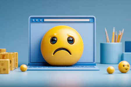 A digital representation of a website crash with a large frowning emoji on a computer screen, surrounded by stationary items and a calm blue background.の素材
