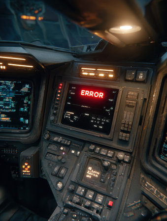 Flickering command console in a futuristic cockpit shows an ERROR message, highlighting a breakdown in systems amid dim and atmospheric lighting.の素材